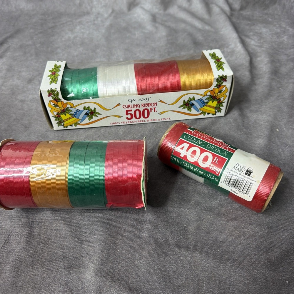 Lot of 3 Vintage Christmas Curling Ribbon Packs Galaxy 500ft CLEO 400ft